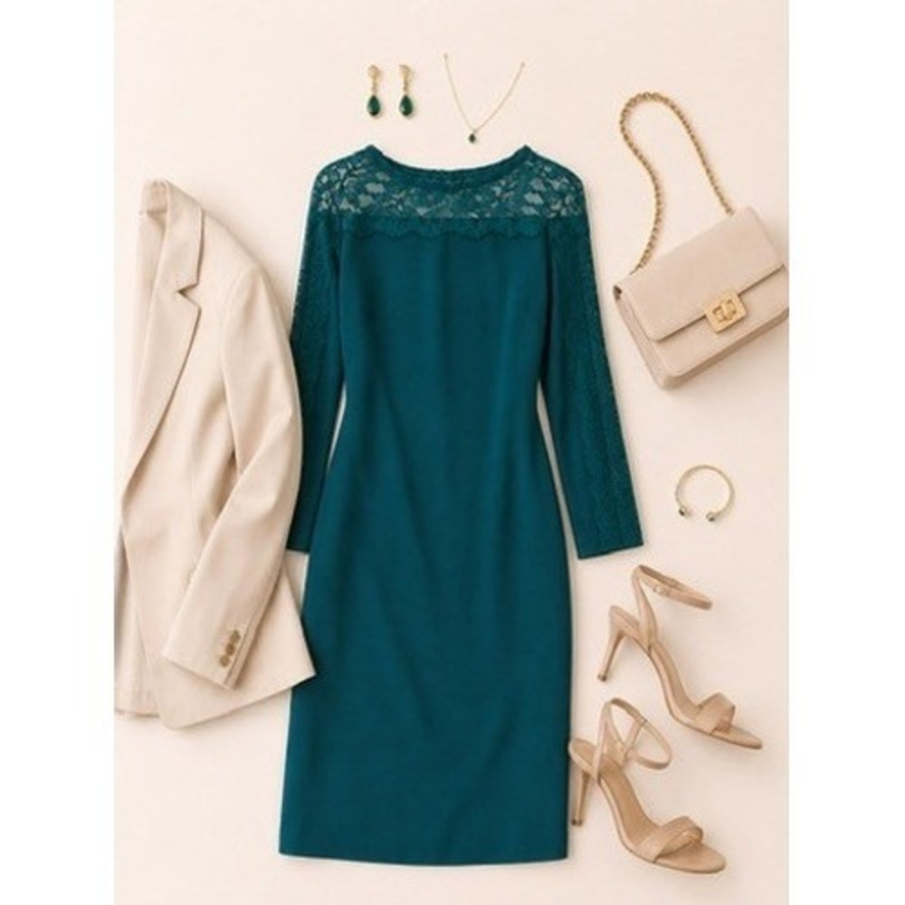 Reiss Claudia Emerald Green Lace Yoke Shift Dress‎ Women's Size 4 Long Sleeve